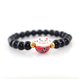 Supercute armbandje van obsidiaankralen met porseleinen Lucky cat