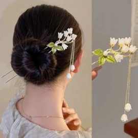 Prachtige Oosterse dubbele haarpin witte bloemen nr. 1