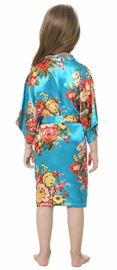 Prachtige kinderkimono met grote bloemen turquoise