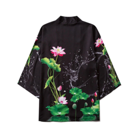 Haori zwart met roze lotusbloemen