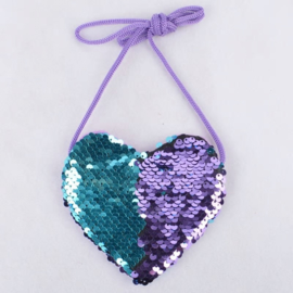 Superleuk glitter pailletten tasje hart turquoise/paars