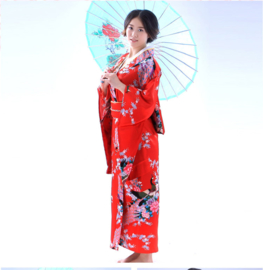 Beeldschone Geisha kimono dress met obi rood met pauwenprint