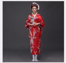 Beeldschone Geisha kimono dress met obi rood met pauwenprint