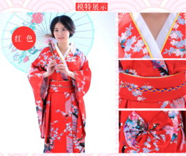 Beeldschone Geisha kimono dress met obi rood met pauwenprint