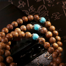 Mala unisex gebedsketting/armband sandalwood naturel met turkoois kralen