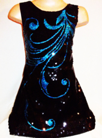 Prachtig zwart glitterjurkje met elegant turquoise veerpatroon maat 92 t/m 116