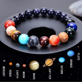 Geweldige GALAXY armband blauwe zandsteenkralen en 11 planetenkralen 8mm