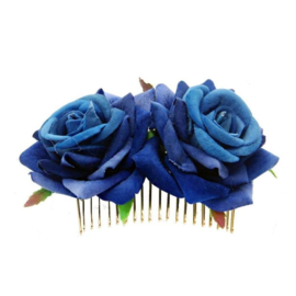 Leuke haarkam met twee roosjes blauw