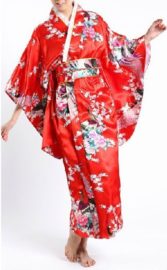 Beeldschone Geisha kimono dress met obi rood met pauwenprint