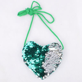Superleuk glitter pailletten tasje hart turquoise/zilver