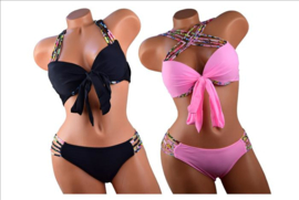 Leuke roze bikini maat 36/38 met gekleurde bandjes en push-up top op meerdere manieren te dragen!