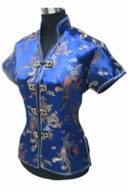 Elegant kobaltblauw Chinees blousje met Chinese voorsluiting drakenmotief