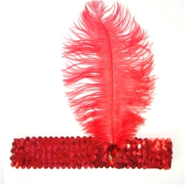 Elastieken pailletten haarband met veer rood