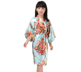 Prachtige kinderkimono met grote bloemen licht turquoise