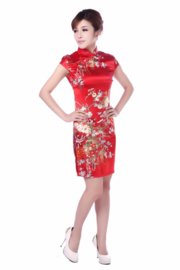 Bijzonder mooi Chinees jurkje rood met rode Chinese knoopjes bloemenprint t/m maat 40