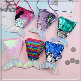 Superleuk glitter pailletten tasje zeemeermin Rainbow/zilver