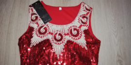 Hip rood glitterjurkje met gouddraad 12 maat 134/140