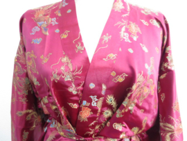 Prachtige lange bordeaux rode brokaat unisex kimono met draken one-size