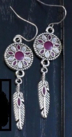Antiek zilver met emaille oorbellen cirkel met veertjes violet A9