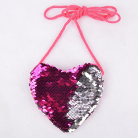 Superleuk glitter pailletten tasje hart fuchsiaroze/zilver