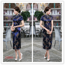 Elegante lange kobaltblauwe Chinese jurk draken en phoenix motief t/m maat 48!