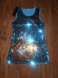 Supermooi turquoise glitterjurkje met gouden bloemen alleen nog 122/128