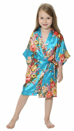 Prachtige kinderkimono met grote bloemen turquoise