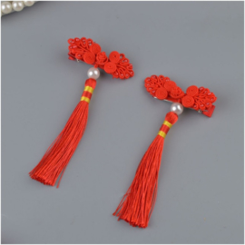 Superleuk setje èchte chinese haarclips rood knoopornament met parel en kwastje