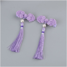 Setje Chinese haarclips lila knoopornament met parel en kwastje