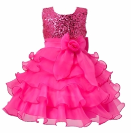Superfeestelijke jurk met pailletten lijfje met gelaagde rok met strik fuchsia