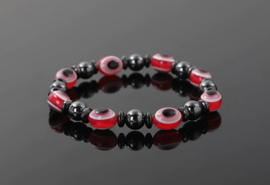 Geweldige BESCHERM armband met "Boze Oog" en hematiet kralen 8mm/19cm rood