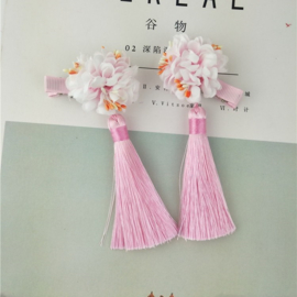 Setje Chinese haarclips met lichtroze bloem en kwastje