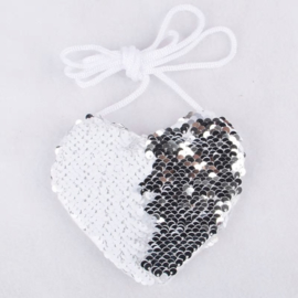 Superleuk glitter pailletten tasje hart zilver/wit
