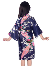 Superleuke kinderkimono met pauwenprint navyblauw