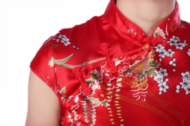 Bijzonder mooi Chinees jurkje rood met rode Chinese knoopjes bloemenprint t/m maat 40