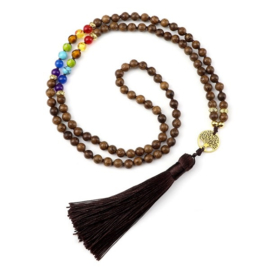 Mala / chakra unisex gebedsketting Sandalwood met levensboom en kwastje