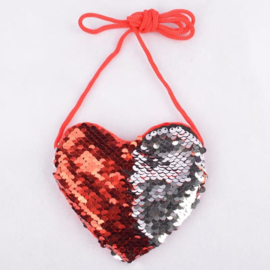 Superleuk glitter pailletten tasje hart rood/zilver