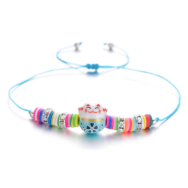 Schattig kleurrijk verstelbaar armbandje "Lucky cat"  blauw