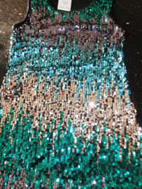 Mooi in kleur overlopend  glitter pailletten jurkje blauw/groen/zilver mt 92 t/m 110