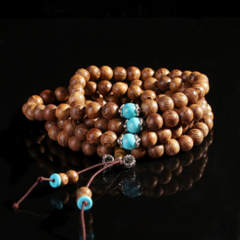 Mala unisex gebedsketting/armband sandalwood naturel met turkoois kralen