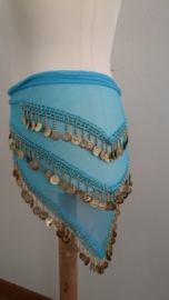 Prachtige ruime chiffon heupsjaal/omslagdoek met gouden muntjes turquoise