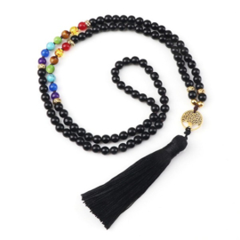 Mala / chakra unisex gebedsketting Onyx met levensboom en kwastje