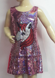 Zo leuk dit roze holografische glitter paillettenjurkje met UNICORN! mt 92 t/m 116