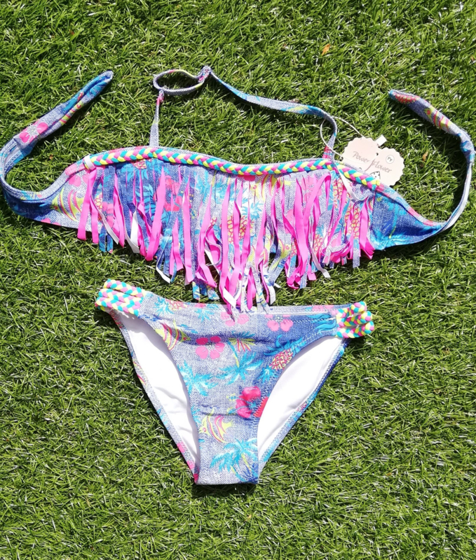 Geweldige Ibiza bikini met zomerse print en roze franje