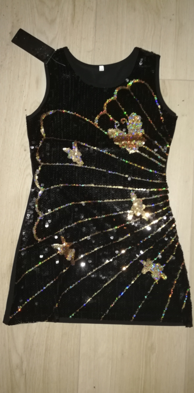 Mooi zwart glitter pailletten jurkje met gouden vlinders maat 152/158 |  Glitterpailletten kleding maat 116 t/m 158 | Aladdin en Yasemin