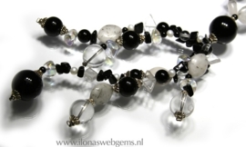 Lang collier met sterling zilver, Onyx, Bergkristal, Pareltjes en Toermalijnkwarts (M200)