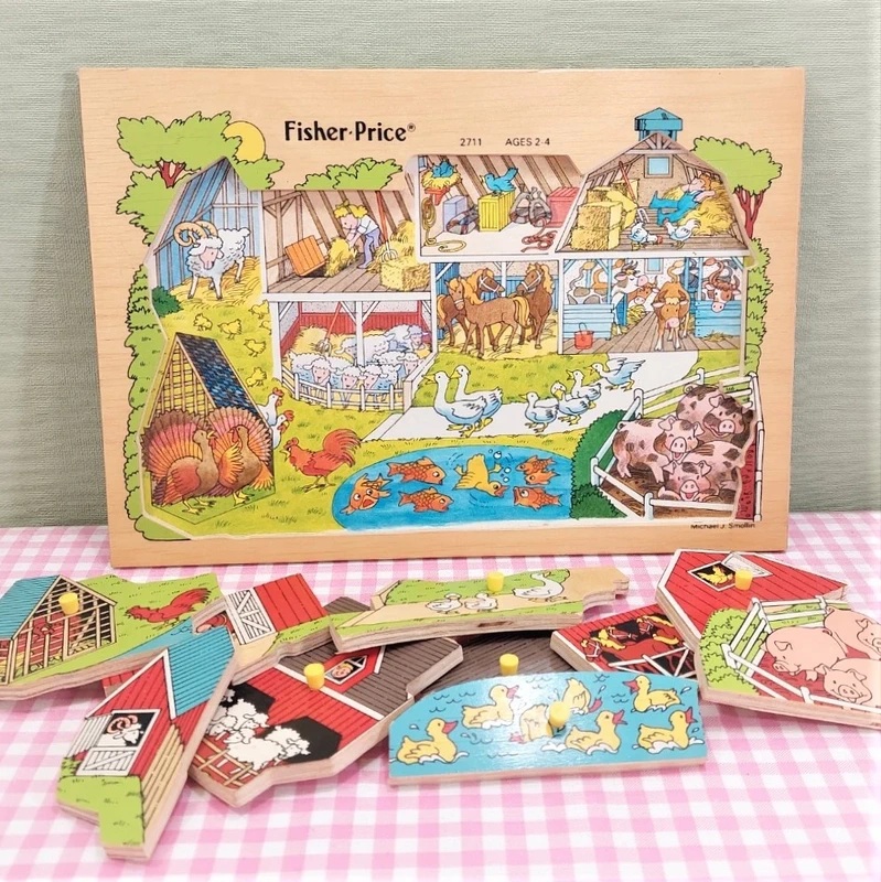 Vintage Fisher Price puzzel #2711 houten puzzel boerderij  - Pick-Up & Peek Wood Puzzle 1984