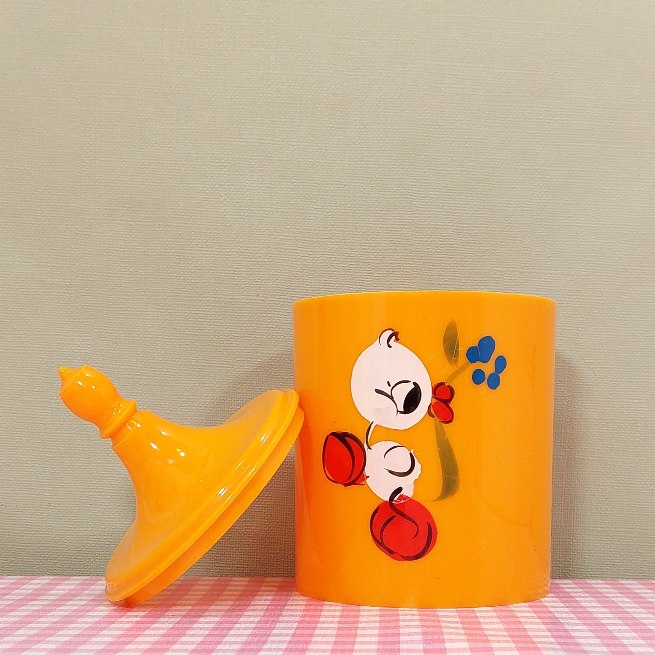 Vintage plastic pot met deksel/wattenpot geel met eend - Jaren 70 babykamer