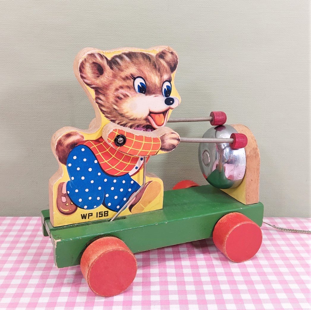 Vintage houten speelgoed trekfiguur beertje - Made in China