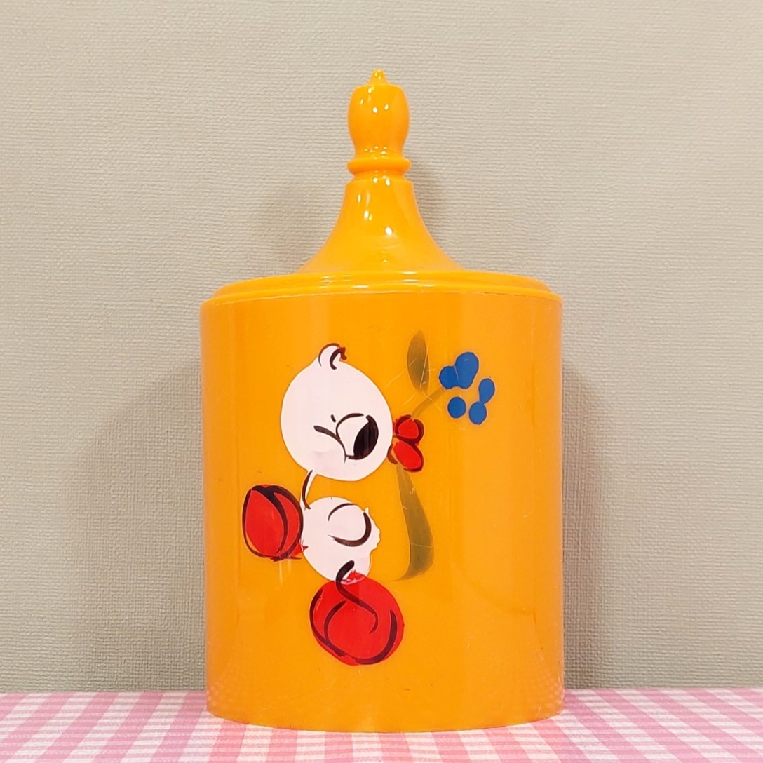 Vintage plastic pot met deksel/wattenpot geel met eend - Jaren 70 babykamer